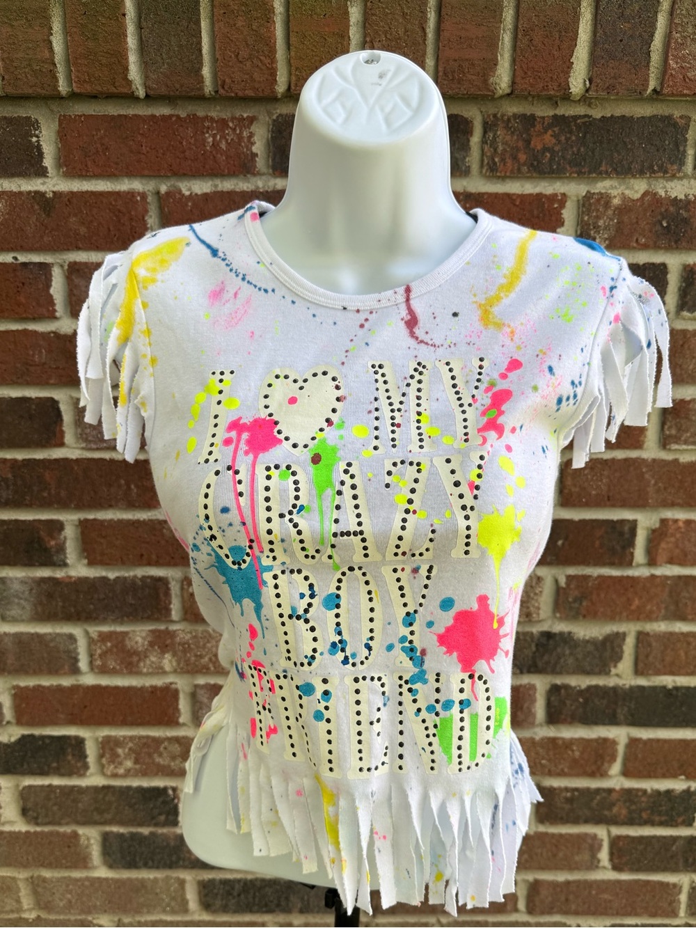 NWOT Women’s White Fringe Tee with Neon Paint Splatter
